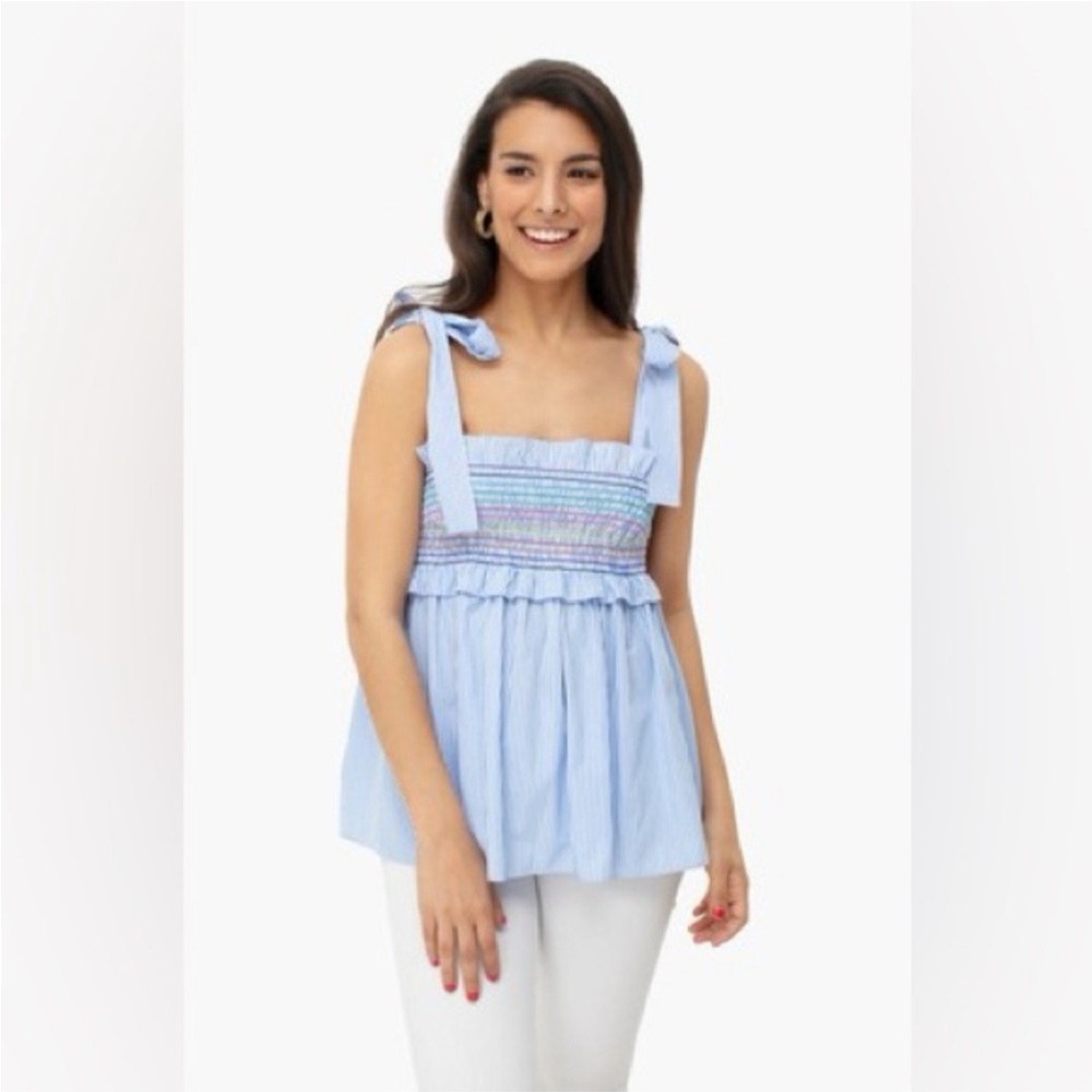 Tuckernuck Light Blue Striped Smocked Tie-Shoulder Top with Rainbow Stiching